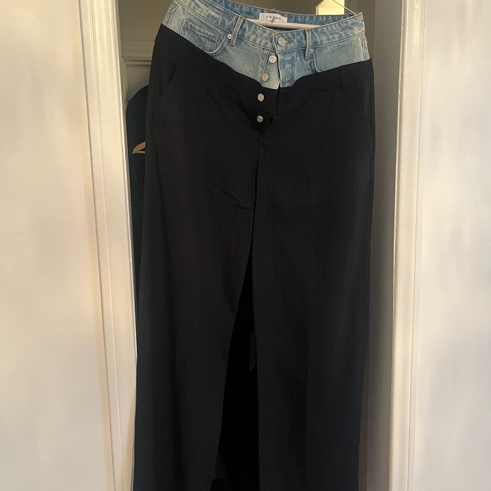 FRAME Two-Tone Denim and Navy Striped Pants